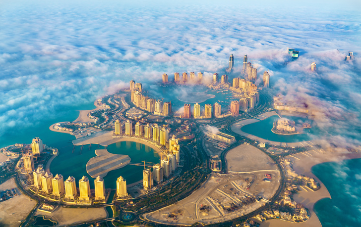 Aerial View Of The Pearl Qatar Island In Doha Through The Morning Fog Qatar, The Persian Gulf