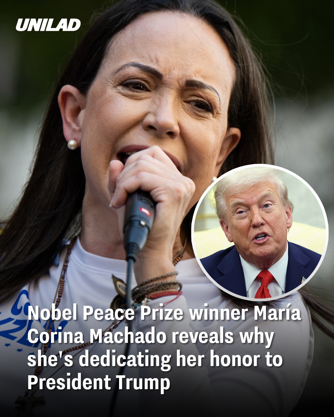 Venezuelan opposition leader María Corina Machado dedicates her Nobel Peace Prize to Donald Trump, praising his role in supporting Venezuela’s fight for democracy.